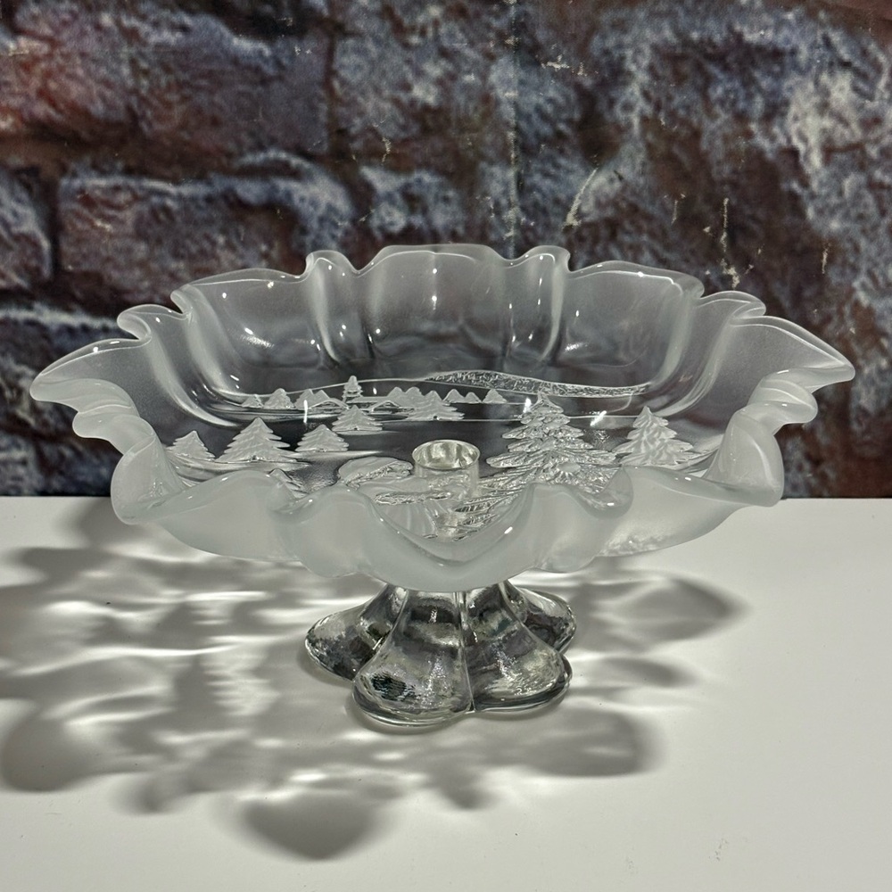 Mikasa Christmas Story Frosted Glass Pedestal Bowl Dish Ruffled Girl Tree Vtg